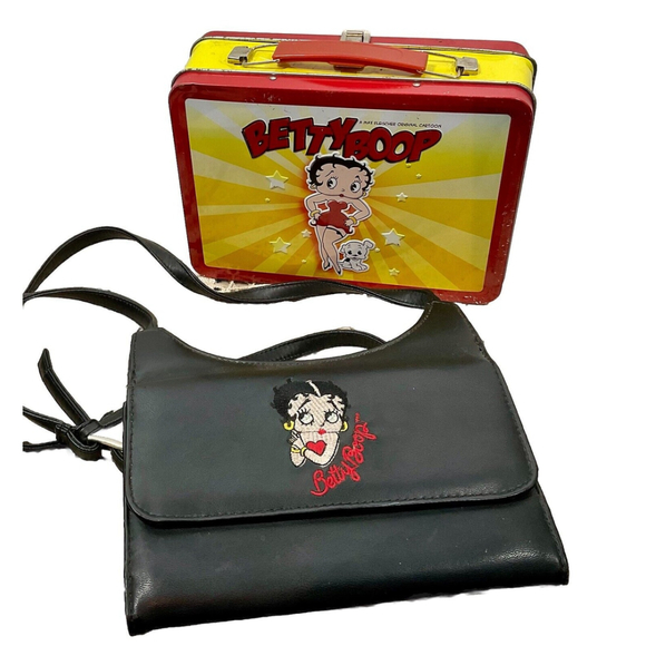 Vintage Betty Boop Black Purse Bag 90s Y2K Faux Leather And Collectable Tin - Picture 1 of 14